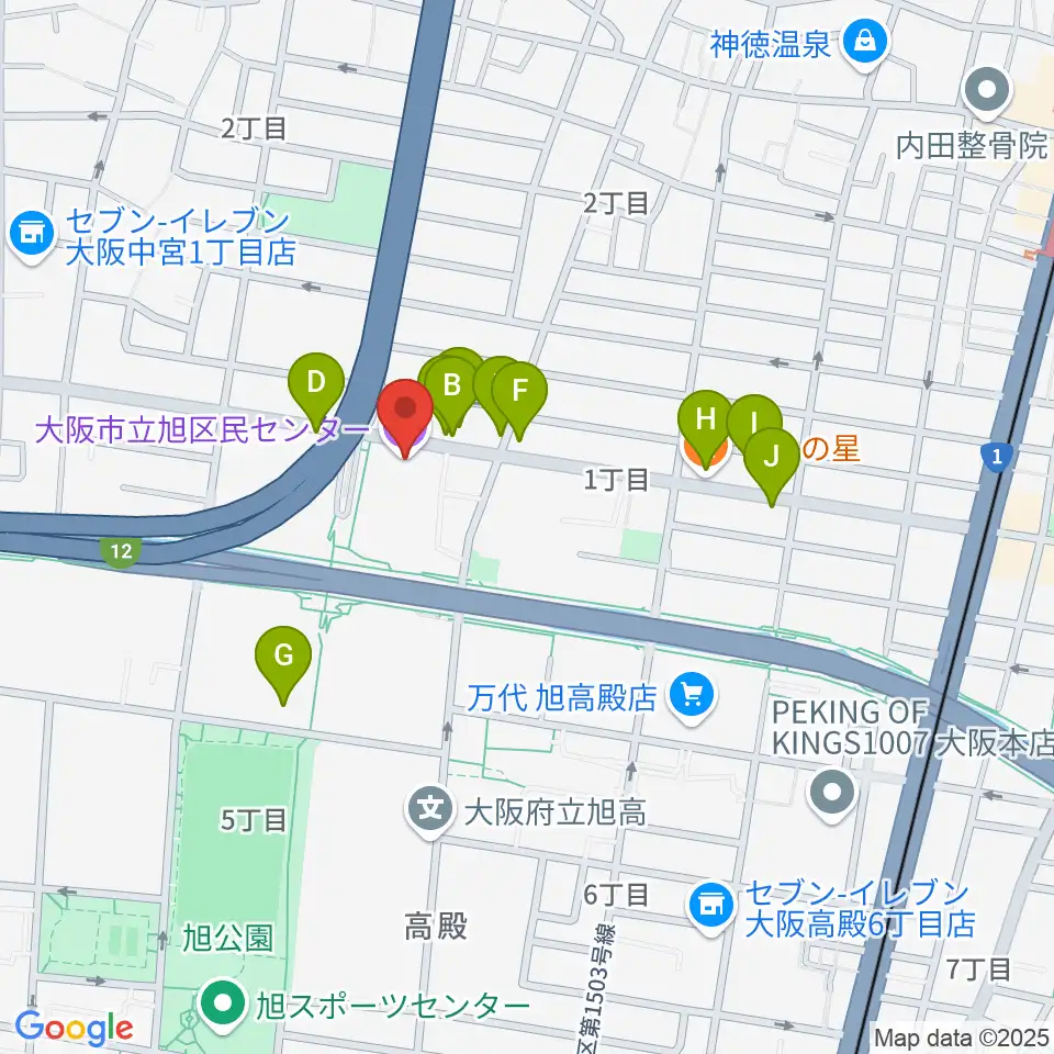 大阪市立芸術創造館周辺のファミレス・ファーストフード一覧地図