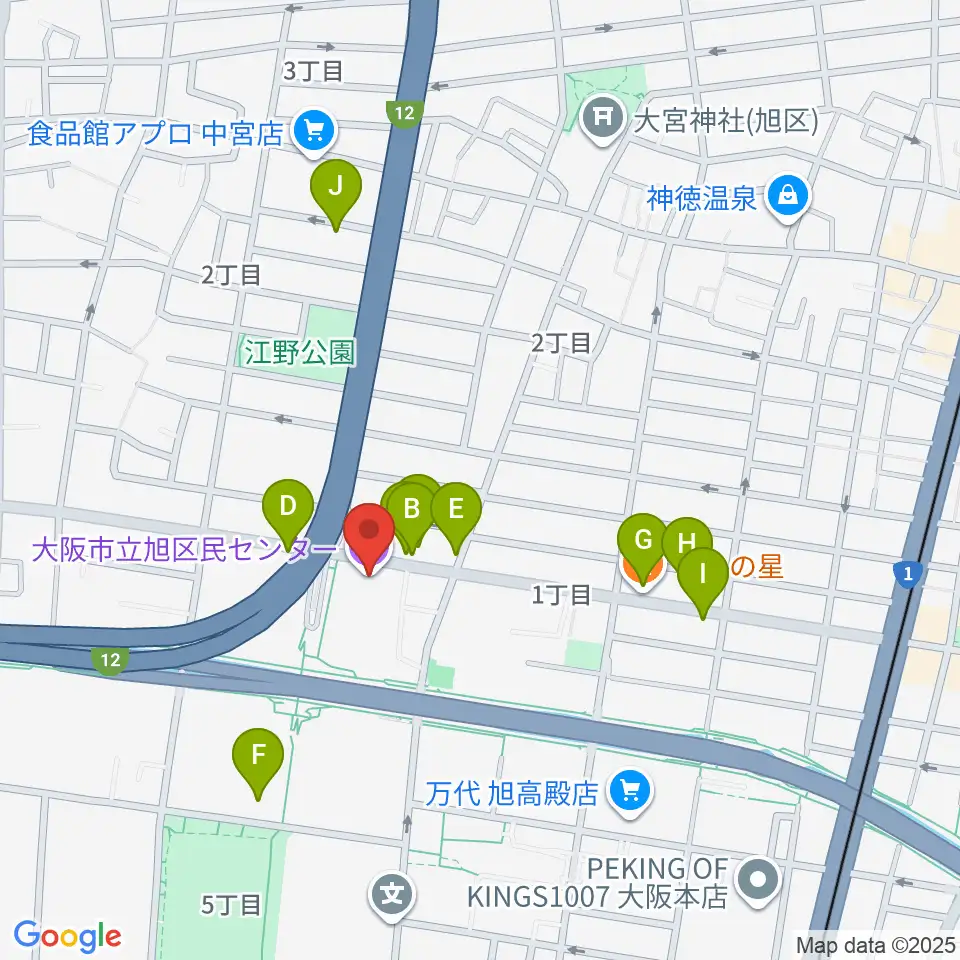 大阪市立芸術創造館周辺のファミレス・ファーストフード一覧地図