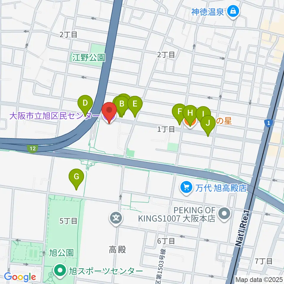 大阪市立芸術創造館周辺のファミレス・ファーストフード一覧地図