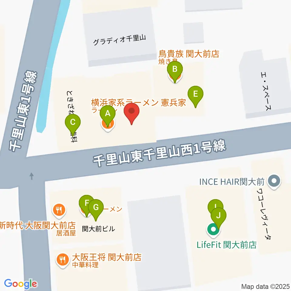 関大前スタジオパレット周辺のファミレス・ファーストフード一覧地図