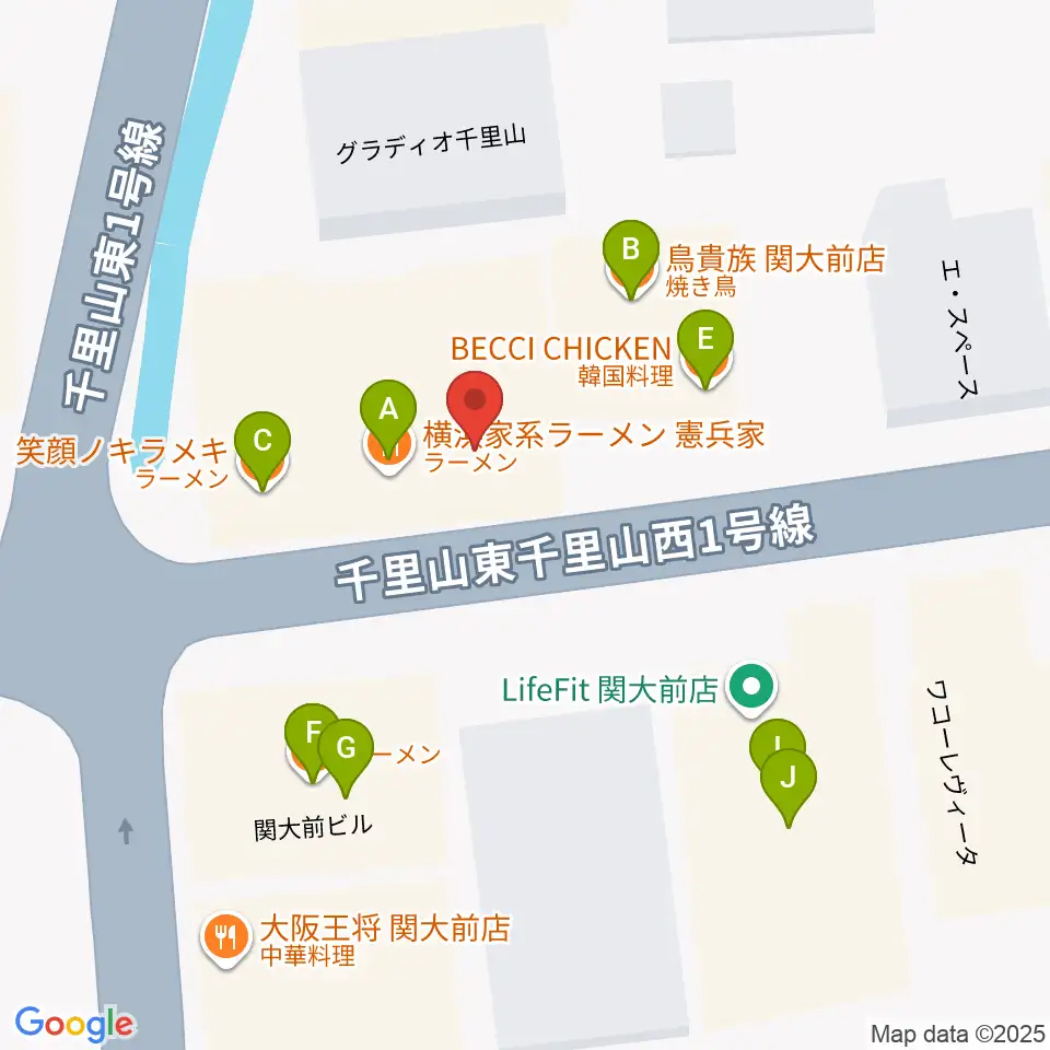 関大前スタジオパレット周辺のファミレス・ファーストフード一覧地図