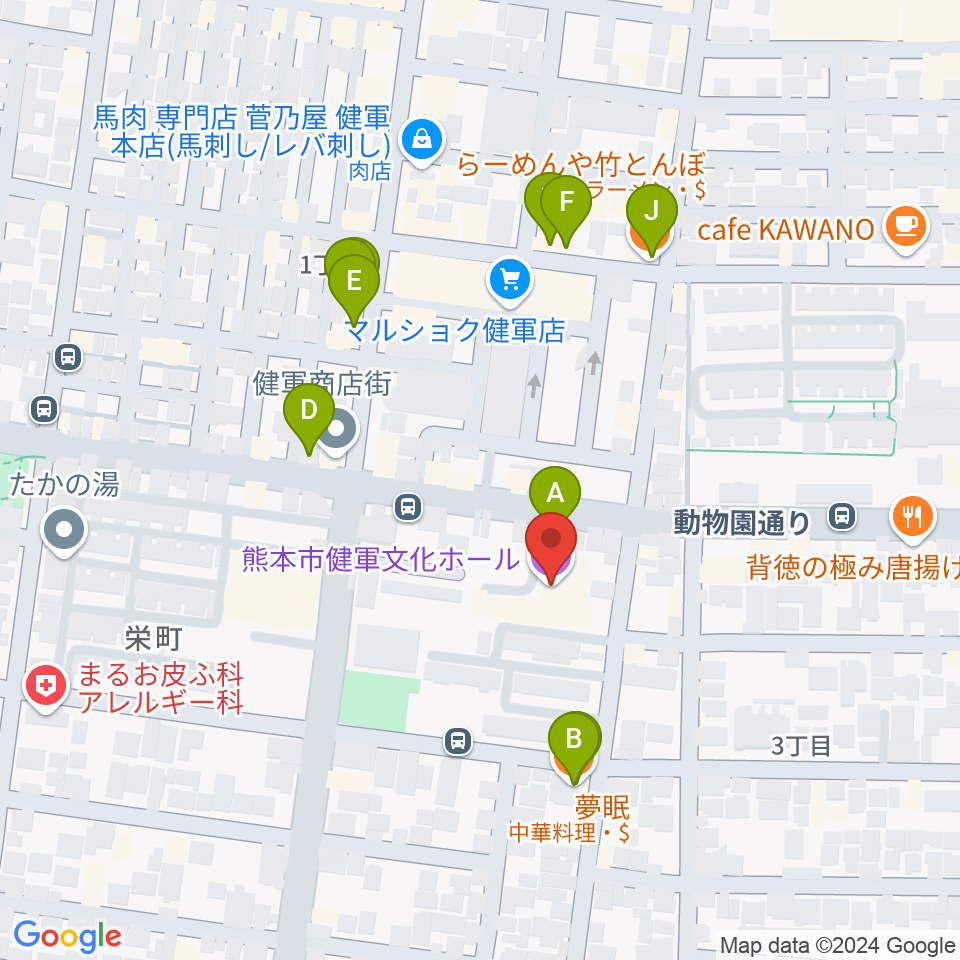 熊本市健軍文化ホール周辺のファミレス・ファーストフード一覧地図