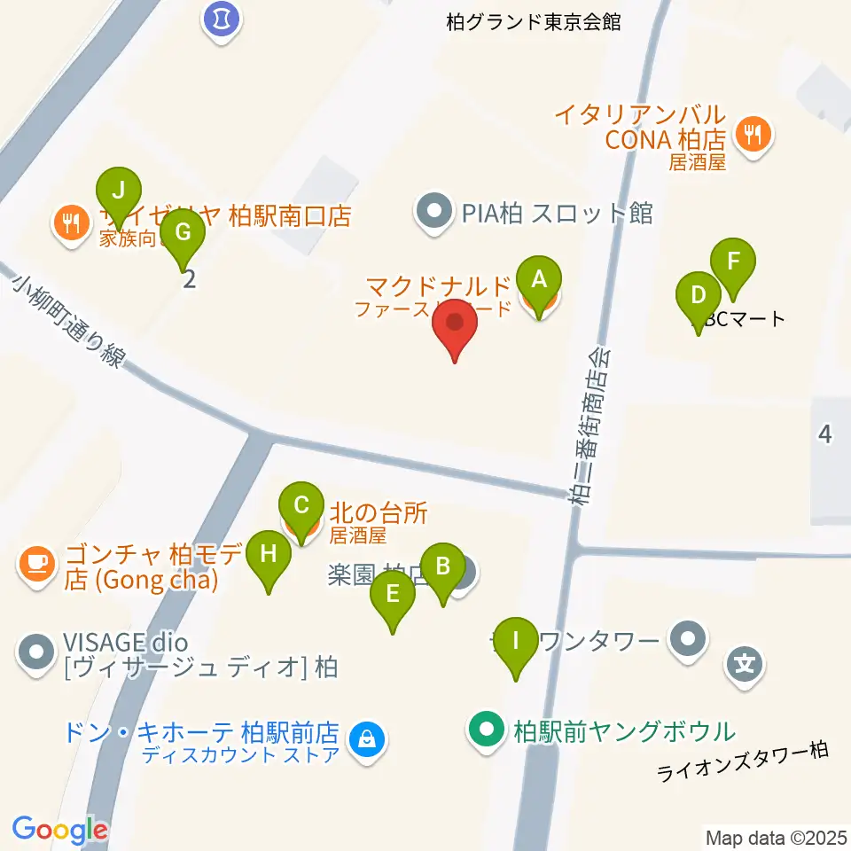 山野楽器 柏店周辺のファミレス・ファーストフード一覧地図