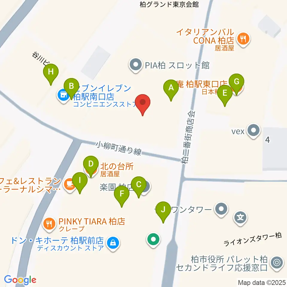 山野楽器 柏店周辺のファミレス・ファーストフード一覧地図