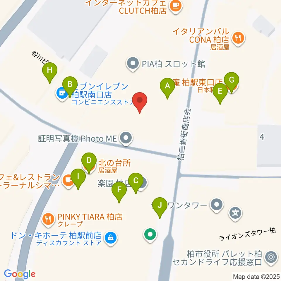 山野楽器 柏店周辺のファミレス・ファーストフード一覧地図