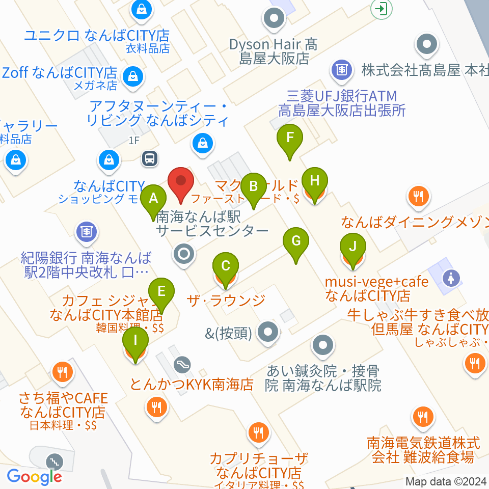 山野楽器ロックイン難波周辺のファミレス・ファーストフード一覧地図