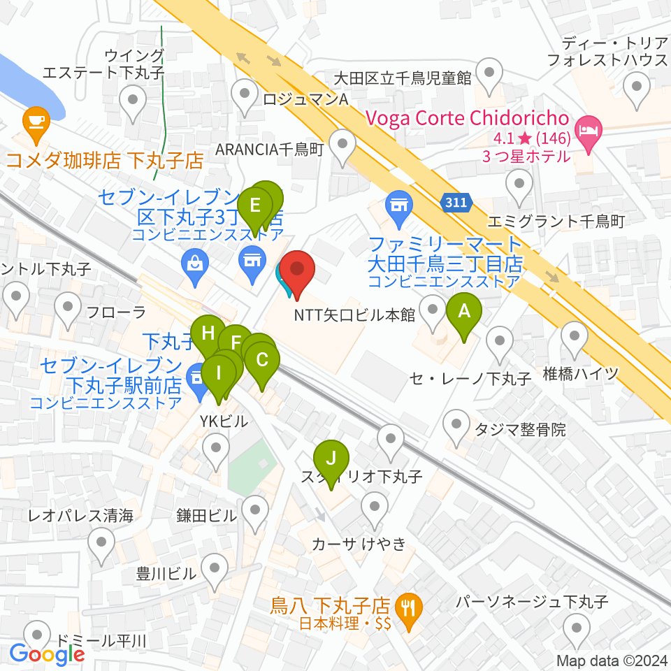 大田区民プラザ周辺のファミレス・ファーストフード一覧地図