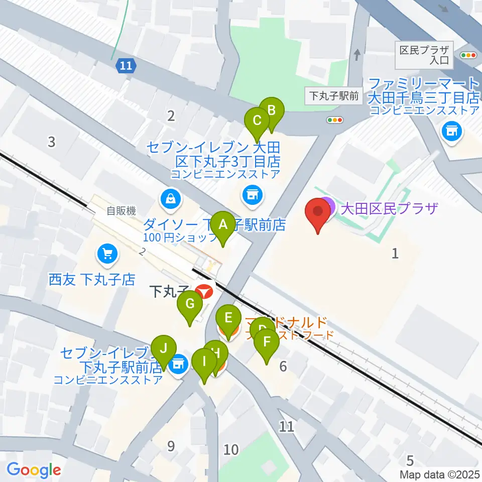 大田区民プラザ周辺のファミレス・ファーストフード一覧地図
