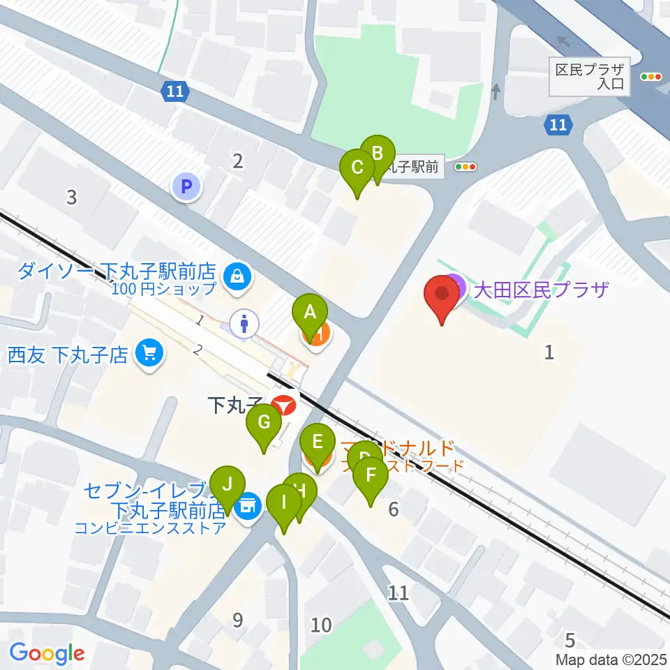 大田区民プラザ周辺のファミレス・ファーストフード一覧地図