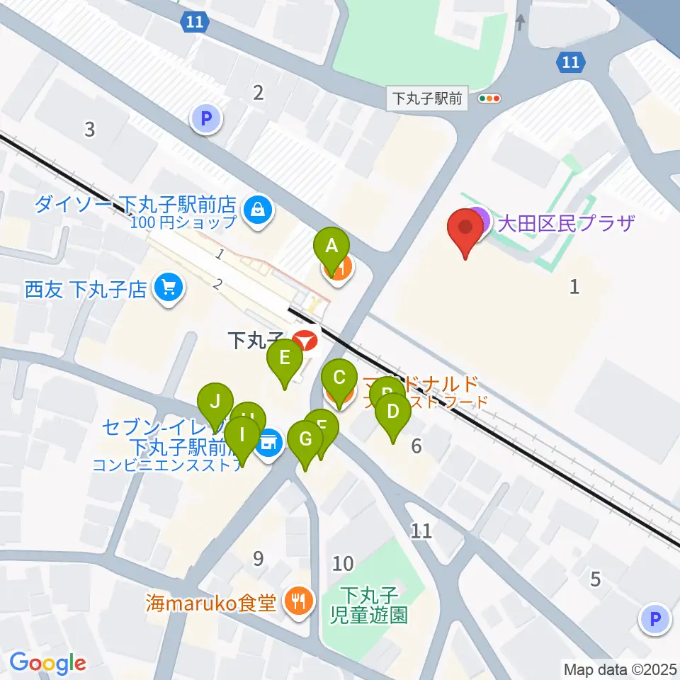 大田区民プラザ周辺のファミレス・ファーストフード一覧地図