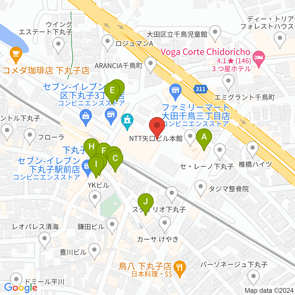 大田区民プラザ 音楽スタジオ周辺のファミレス・ファーストフード一覧地図