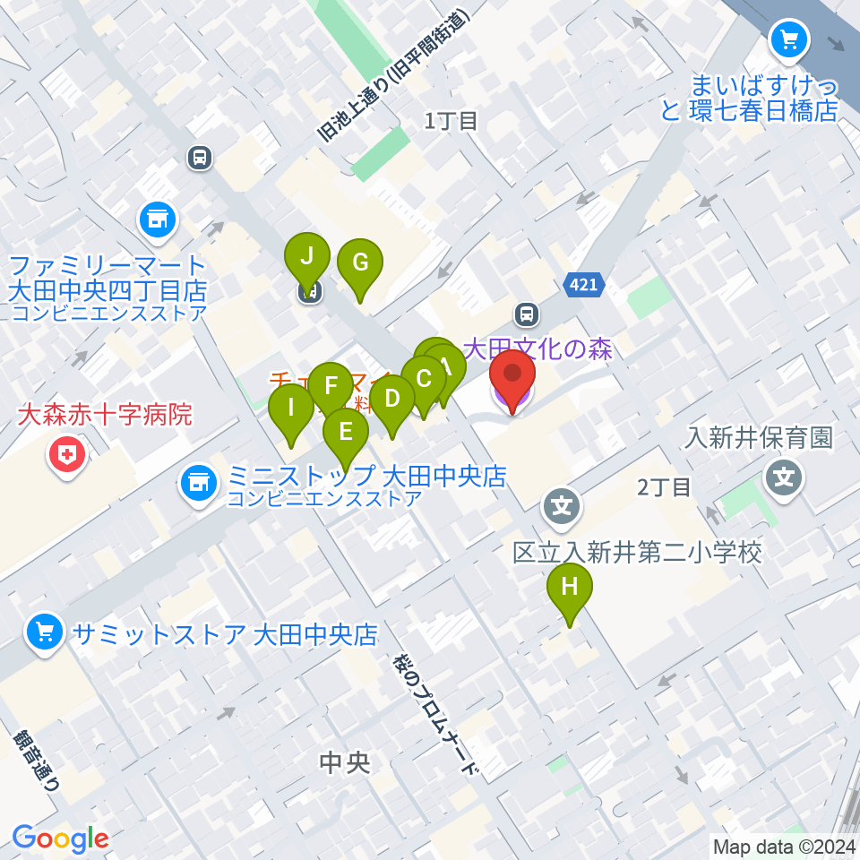 大田文化の森ホール周辺のファミレス・ファーストフード一覧地図