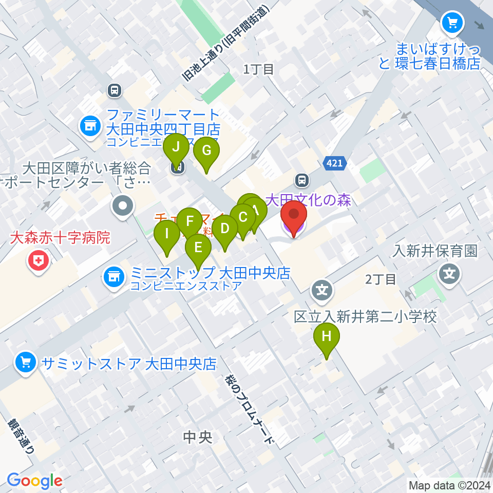 大田文化の森ホール周辺のファミレス・ファーストフード一覧地図