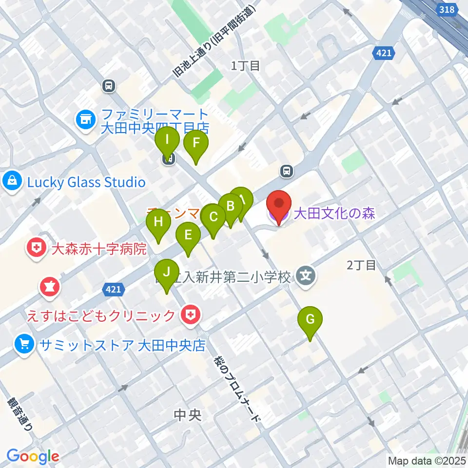 大田文化の森ホール周辺のファミレス・ファーストフード一覧地図