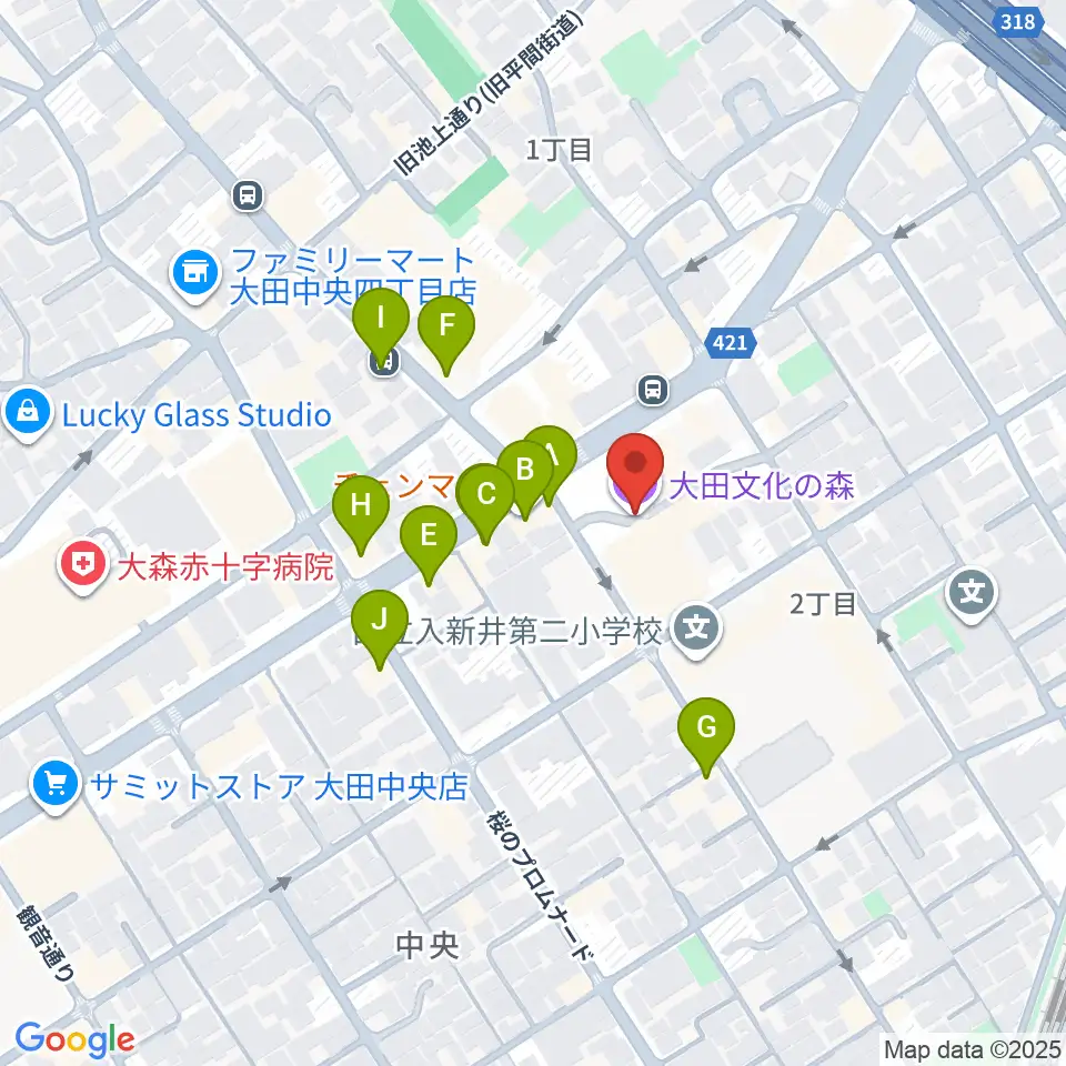大田文化の森ホール周辺のファミレス・ファーストフード一覧地図
