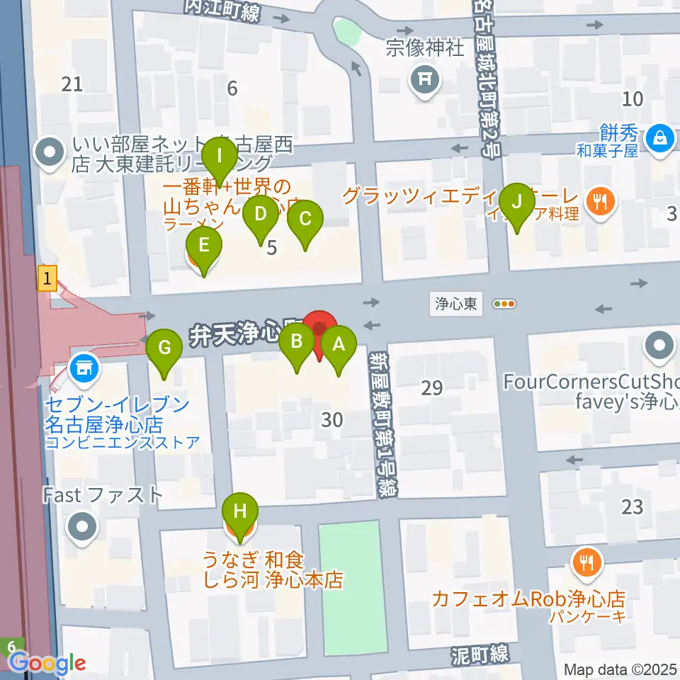ビッグシティギターズ周辺のファミレス・ファーストフード一覧地図