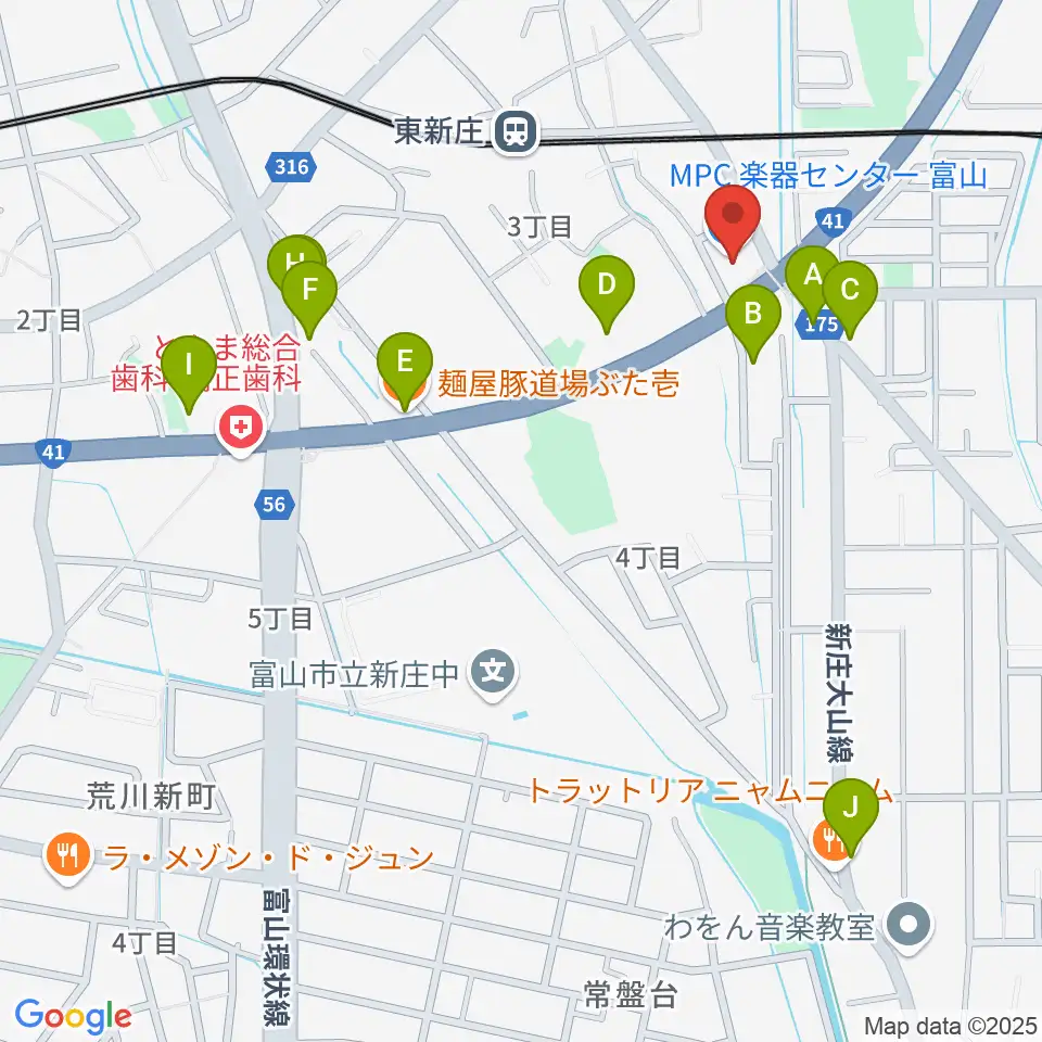 MPC楽器センター富山周辺のファミレス・ファーストフード一覧地図