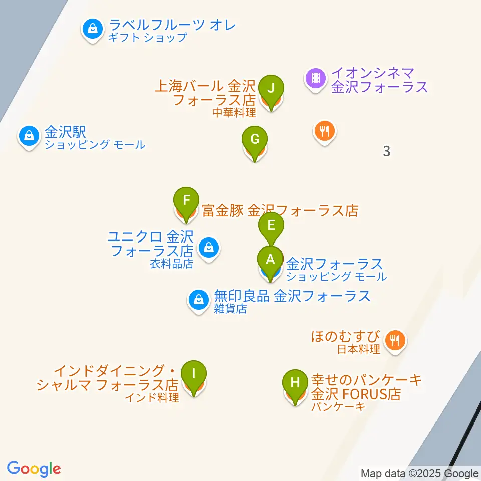 島村楽器 金沢フォーラス店周辺のファミレス・ファーストフード一覧地図