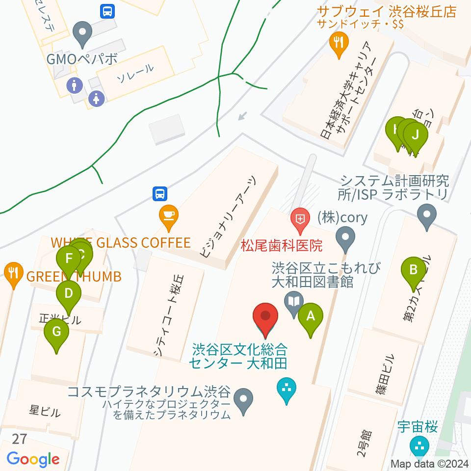 渋谷区文化総合センター大和田周辺のファミレス・ファーストフード一覧地図