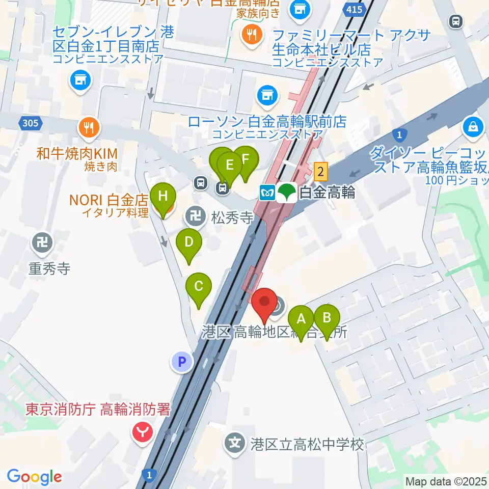高輪区民センター周辺のファミレス・ファーストフード一覧地図