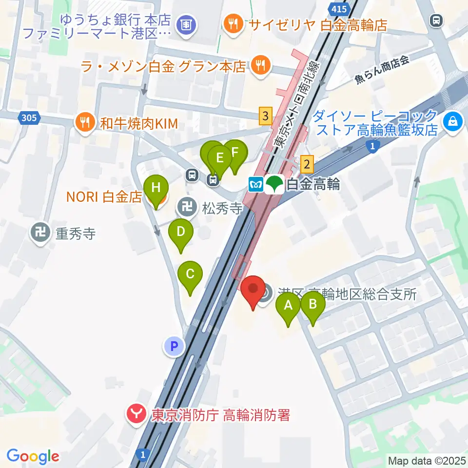 高輪区民センター周辺のファミレス・ファーストフード一覧地図