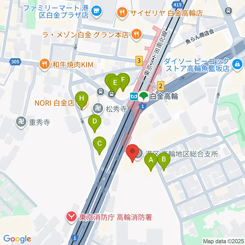 高輪区民センター周辺のファミレス・ファーストフード一覧地図