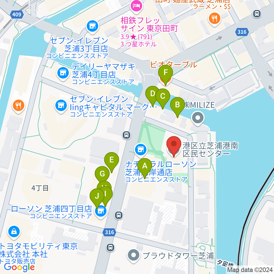 芝浦港南区民センター周辺のファミレス・ファーストフード一覧地図