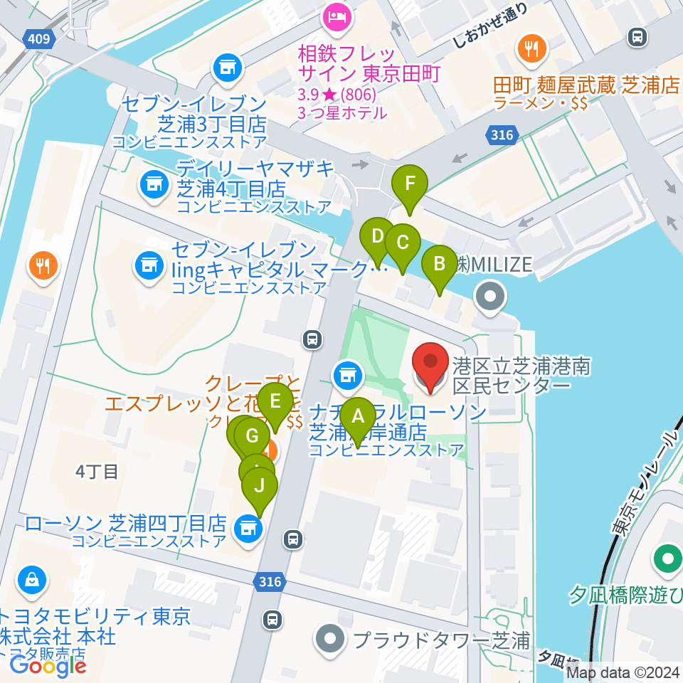 芝浦港南区民センター周辺のファミレス・ファーストフード一覧地図