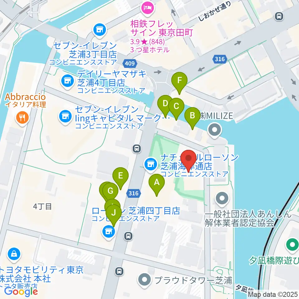 芝浦港南区民センター周辺のファミレス・ファーストフード一覧地図