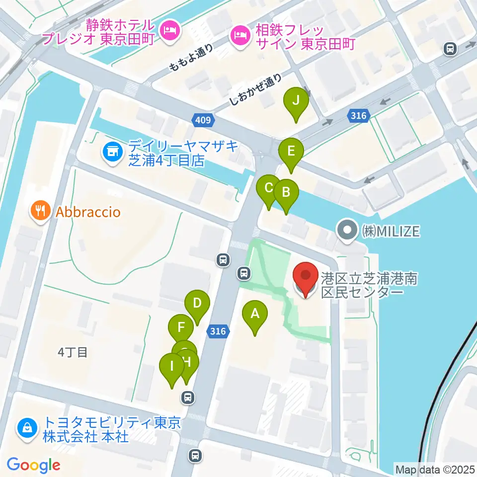芝浦港南区民センター周辺のファミレス・ファーストフード一覧地図