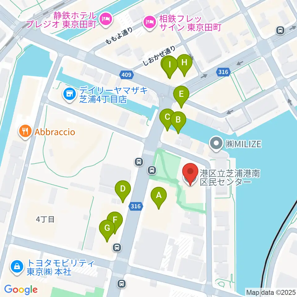 芝浦港南区民センター周辺のファミレス・ファーストフード一覧地図