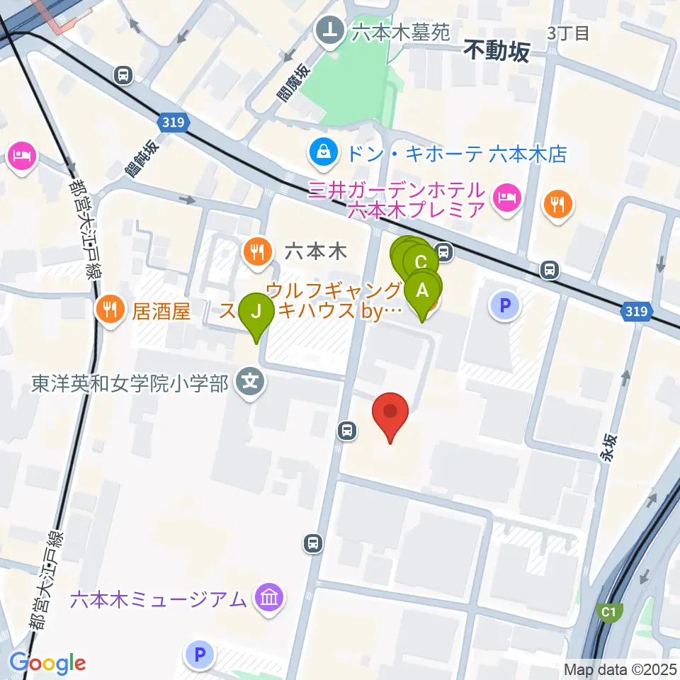 港区麻布区民センター周辺のファミレス・ファーストフード一覧地図