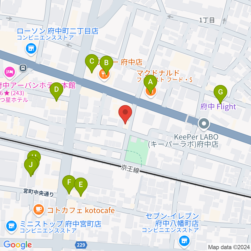 府中スタジオフライト周辺のファミレス・ファーストフード一覧地図