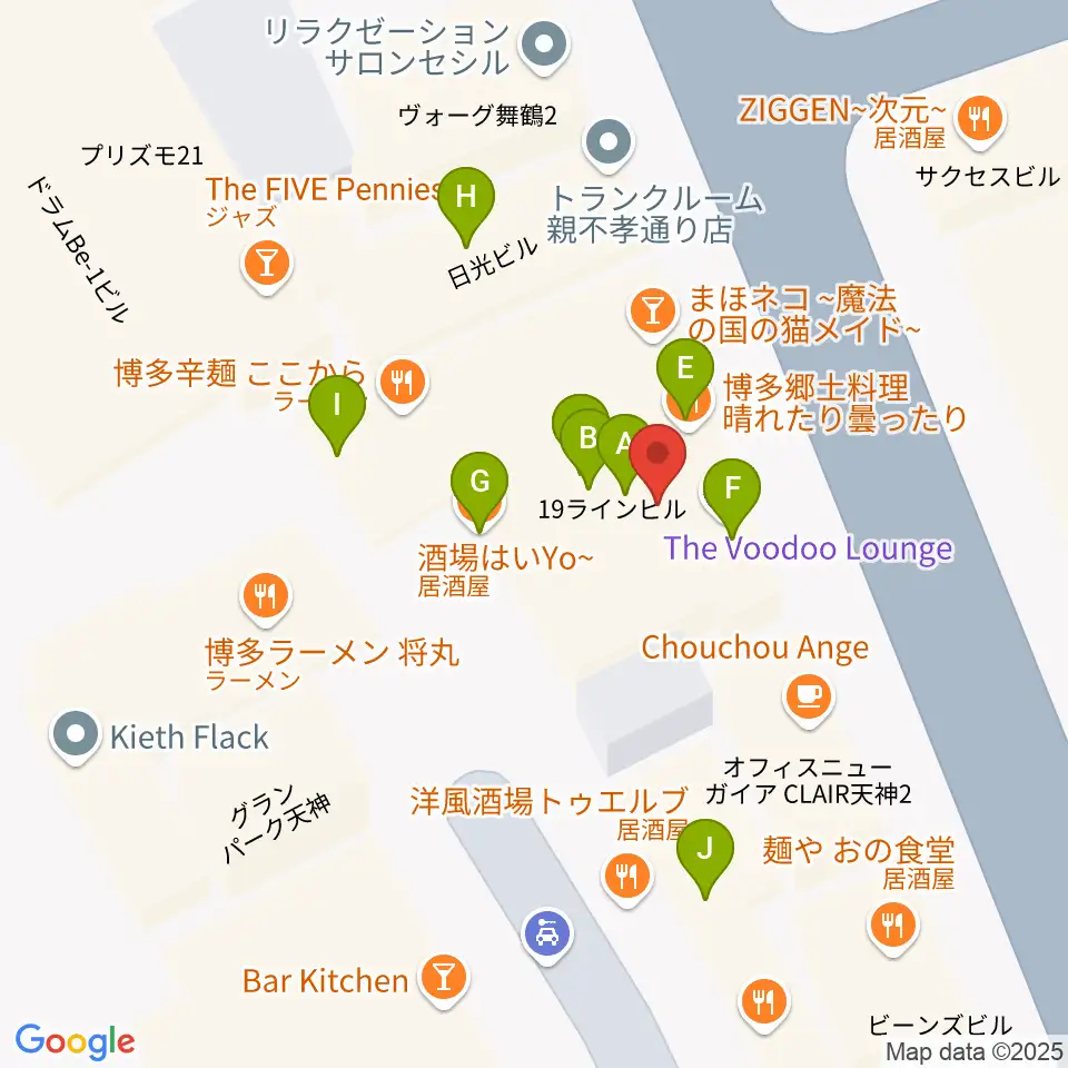 天神ブードゥーラウンジ周辺のファミレス・ファーストフード一覧地図