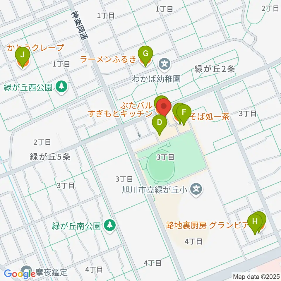 ローランド音楽教室旭川緑が丘校周辺のファミレス・ファーストフード一覧地図