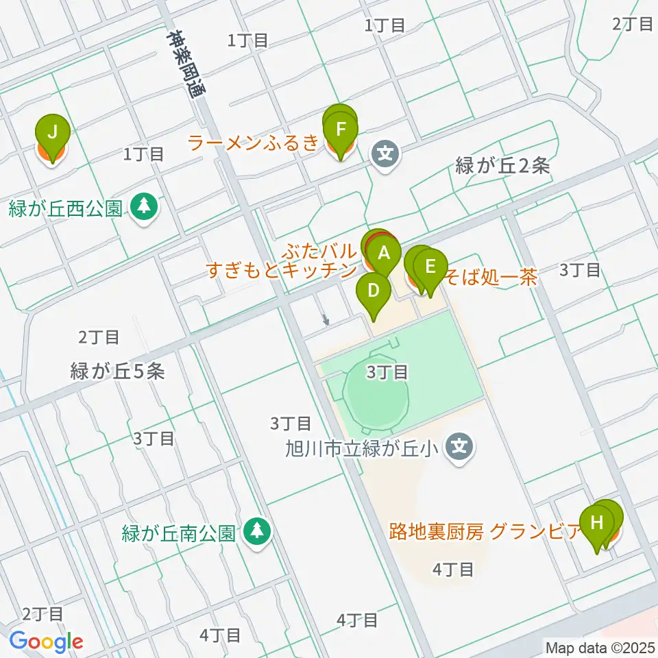 ローランド音楽教室旭川緑が丘校周辺のファミレス・ファーストフード一覧地図