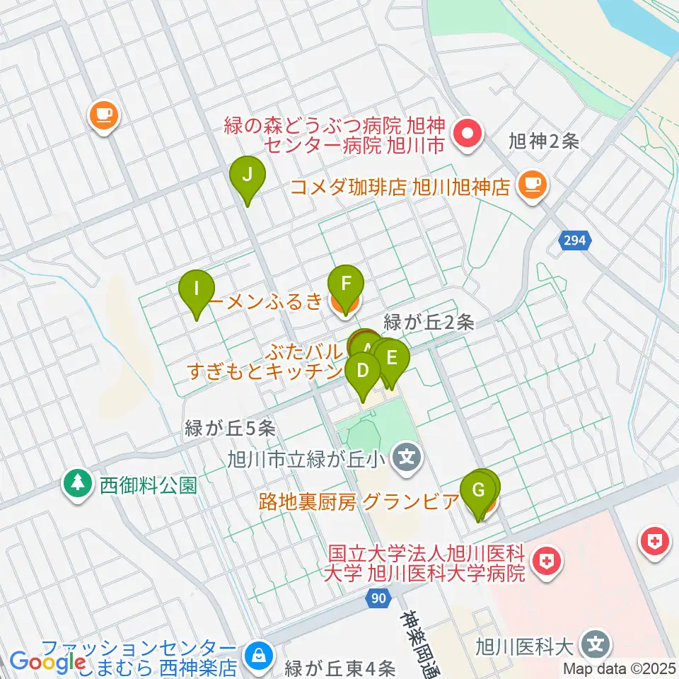 ローランド音楽教室旭川緑が丘校周辺のファミレス・ファーストフード一覧地図