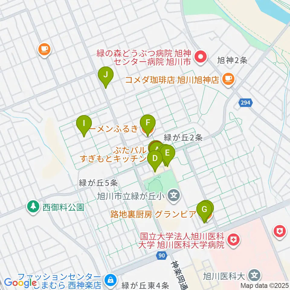 ローランド音楽教室旭川緑が丘校周辺のファミレス・ファーストフード一覧地図
