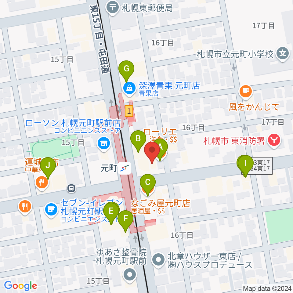 ローランドミュージックスクール札幌元町校周辺のファミレス・ファーストフード一覧地図