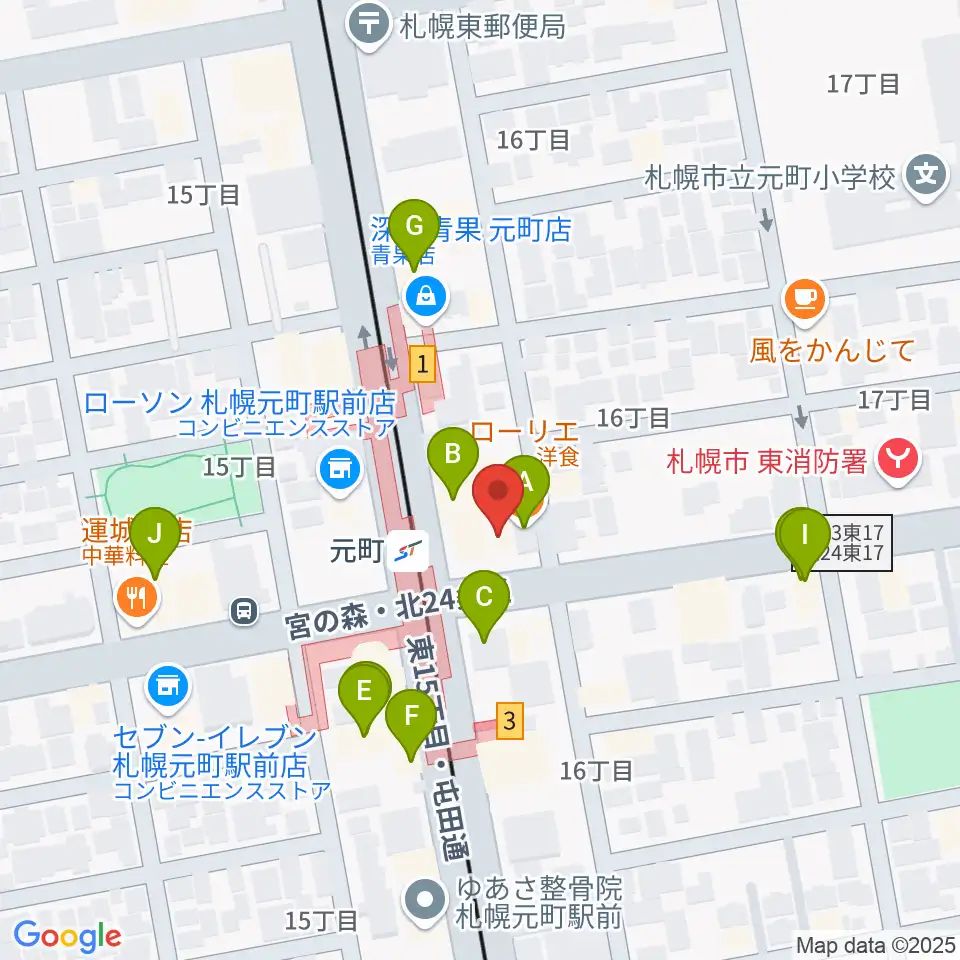 ローランドミュージックスクール札幌元町校周辺のファミレス・ファーストフード一覧地図