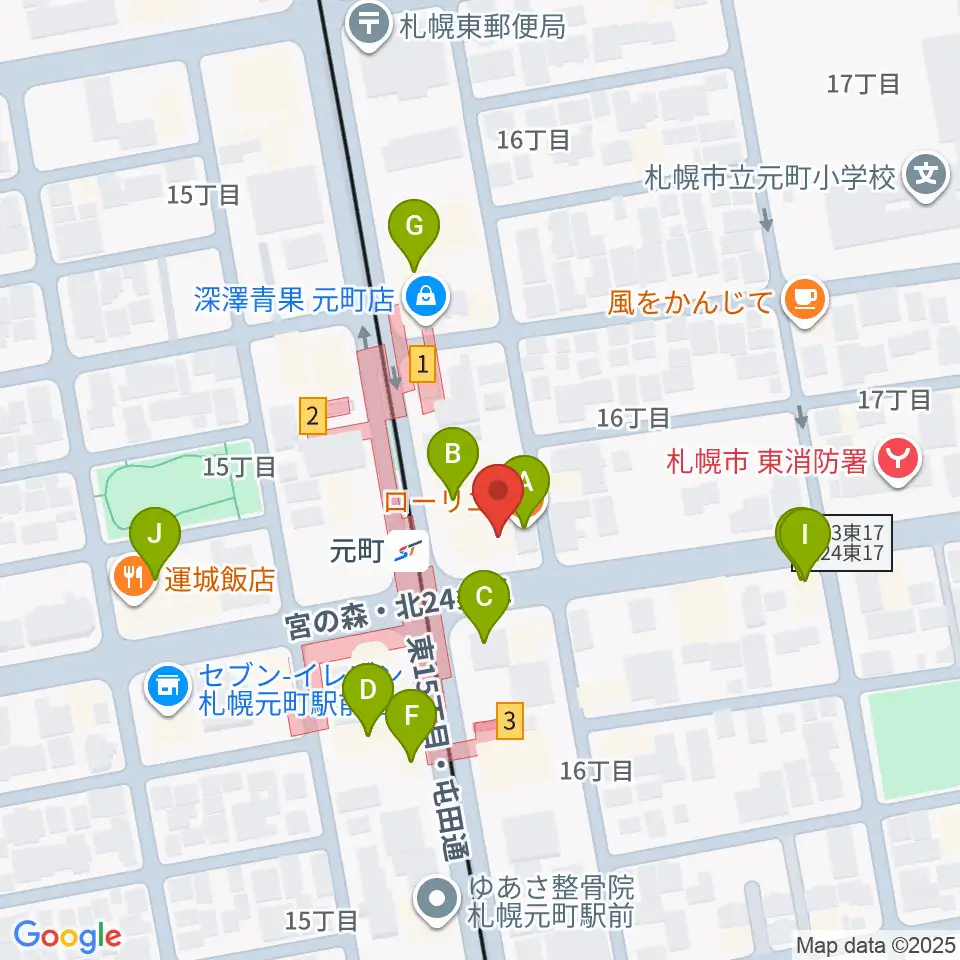 ローランドミュージックスクール札幌元町校周辺のファミレス・ファーストフード一覧地図