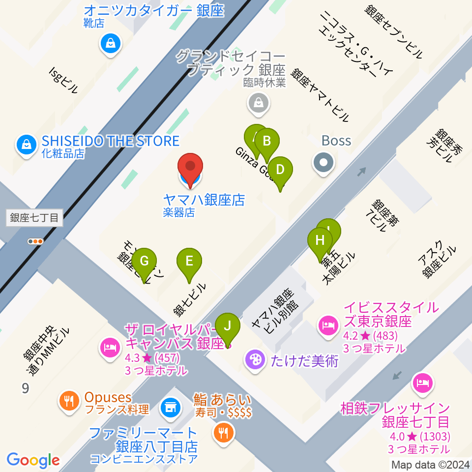 ヤマハ銀座店周辺のファミレス・ファーストフード一覧地図