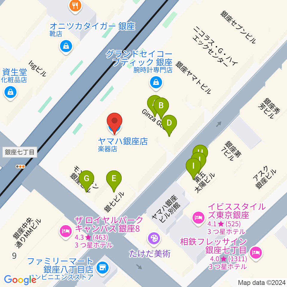 ヤマハ銀座店周辺のファミレス・ファーストフード一覧地図