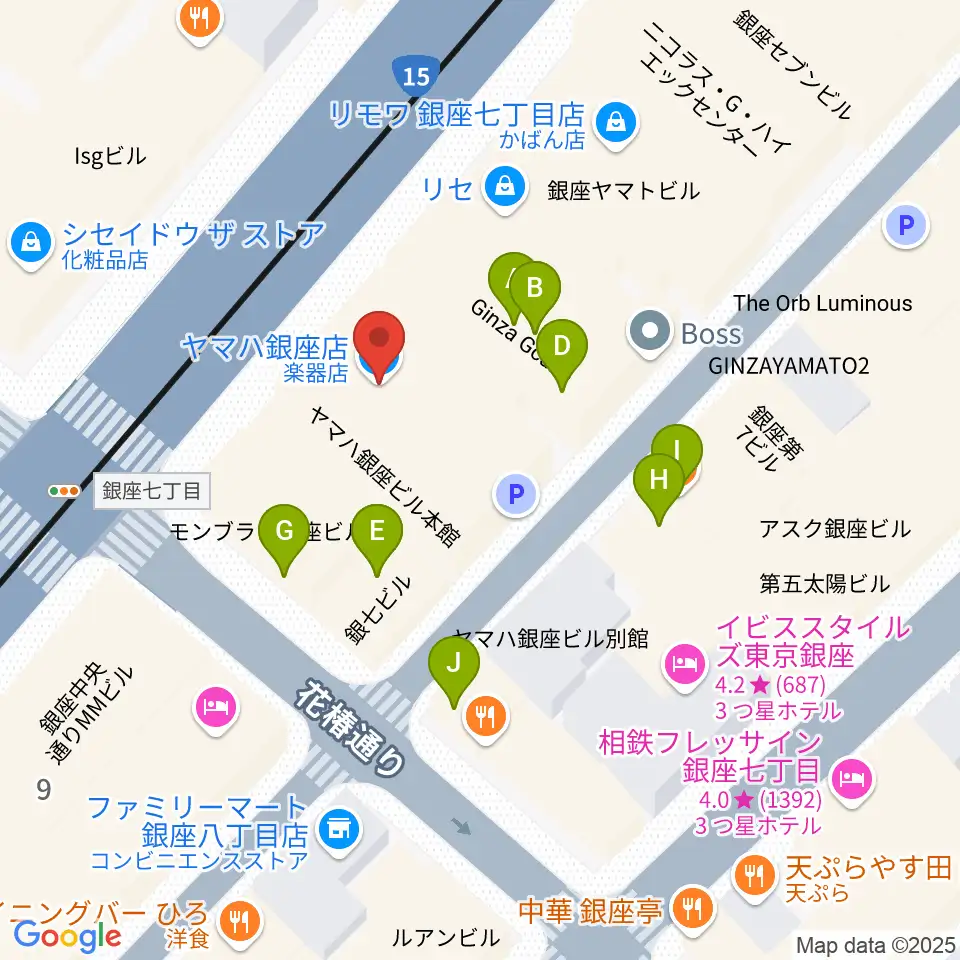 ヤマハ銀座店周辺のファミレス・ファーストフード一覧地図