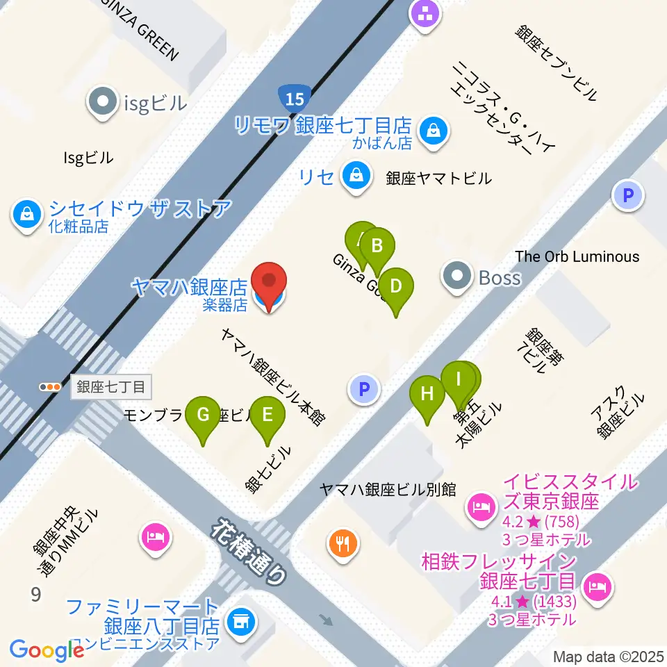 ヤマハ銀座店周辺のファミレス・ファーストフード一覧地図