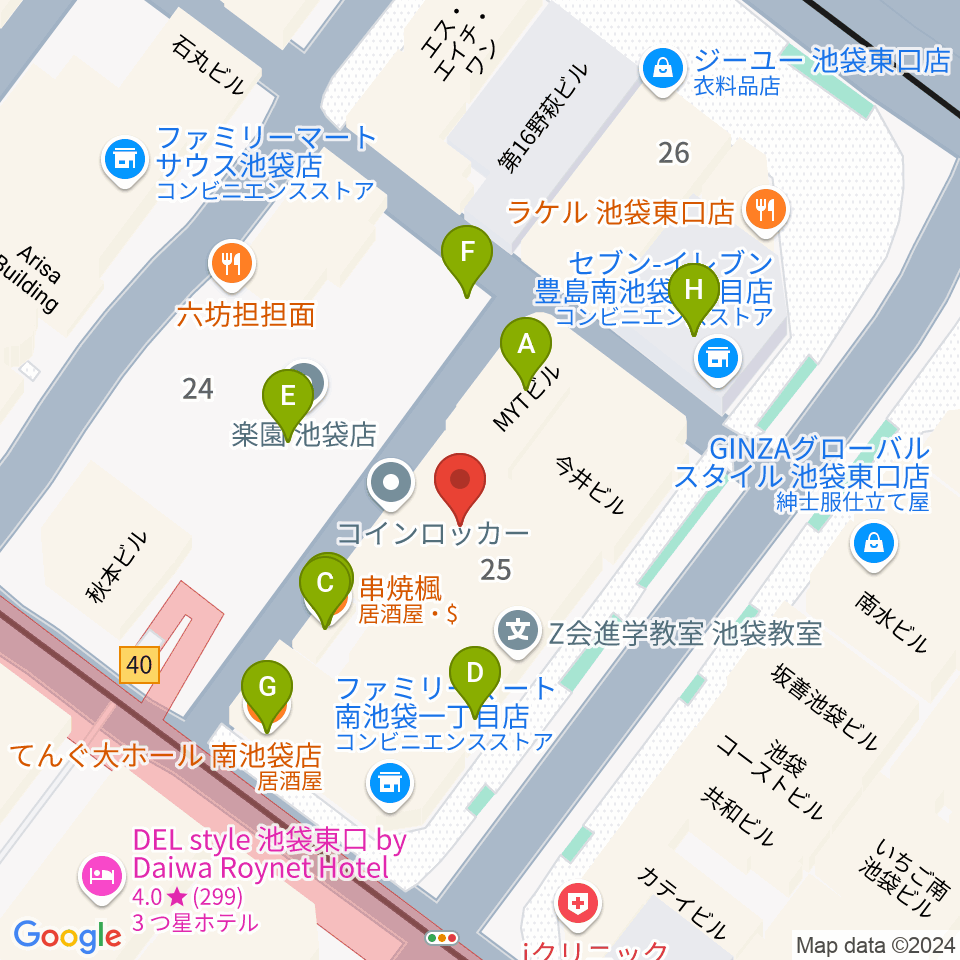 ヤマハミュージック 池袋店周辺のファミレス・ファーストフード一覧地図