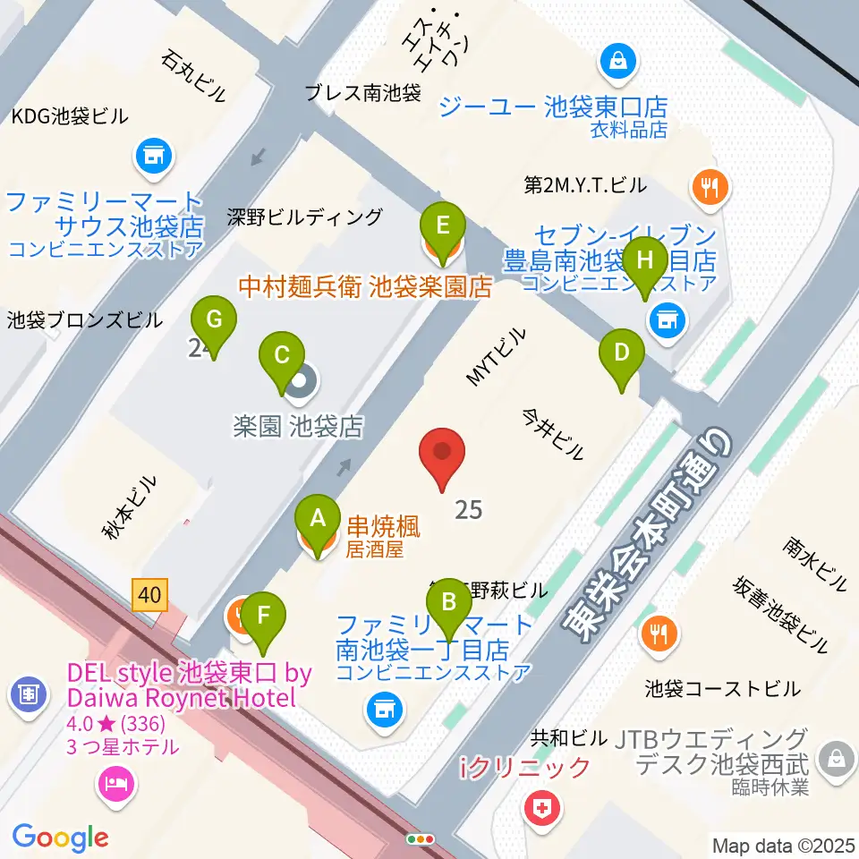 ヤマハミュージック 池袋店周辺のファミレス・ファーストフード一覧地図