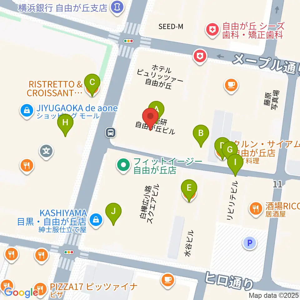 ミュージックアベニュー自由が丘 ヤマハミュージック周辺のファミレス・ファーストフード一覧地図