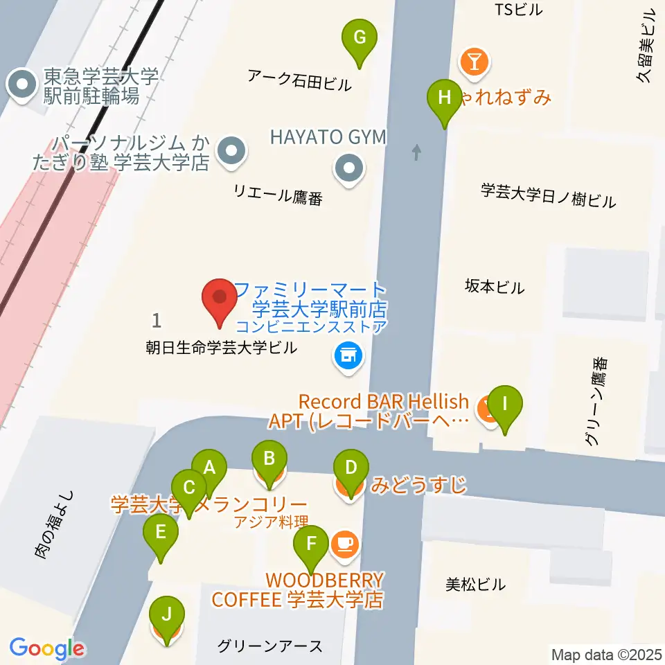 学芸大学センター ヤマハミュージック周辺のファミレス・ファーストフード一覧地図