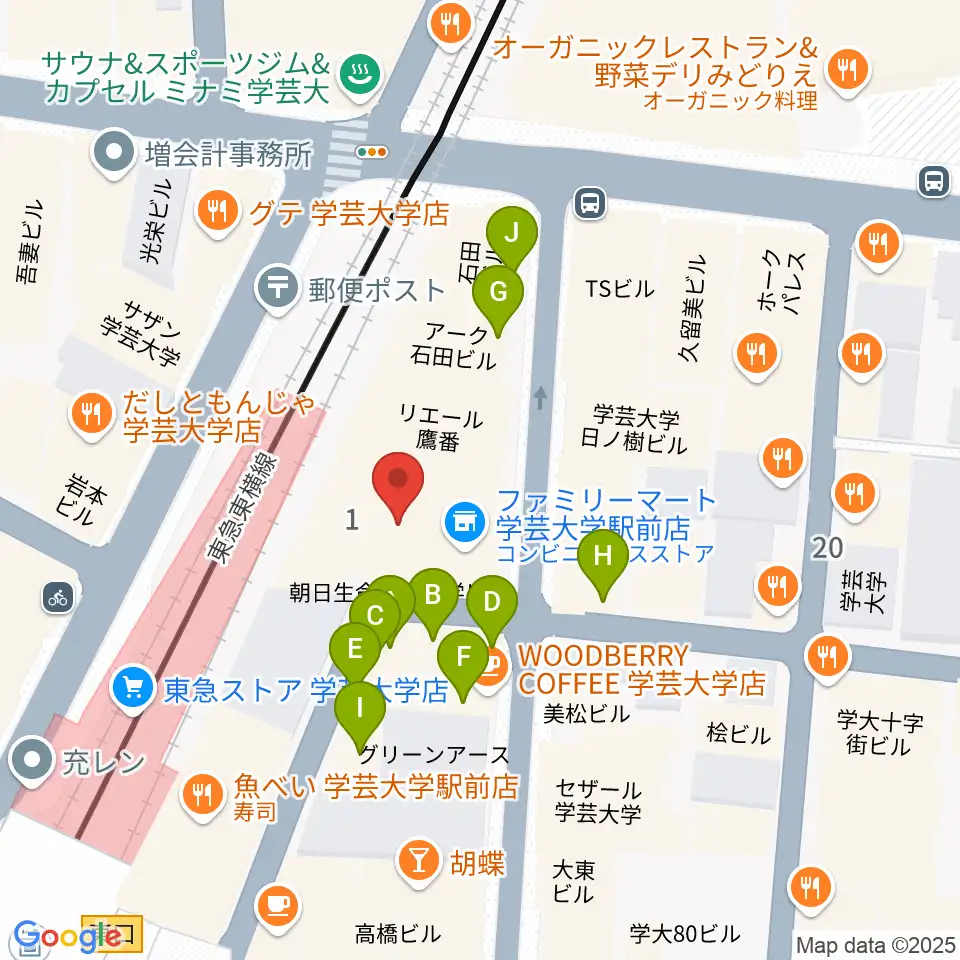 学芸大学センター ヤマハミュージック周辺のファミレス・ファーストフード一覧地図